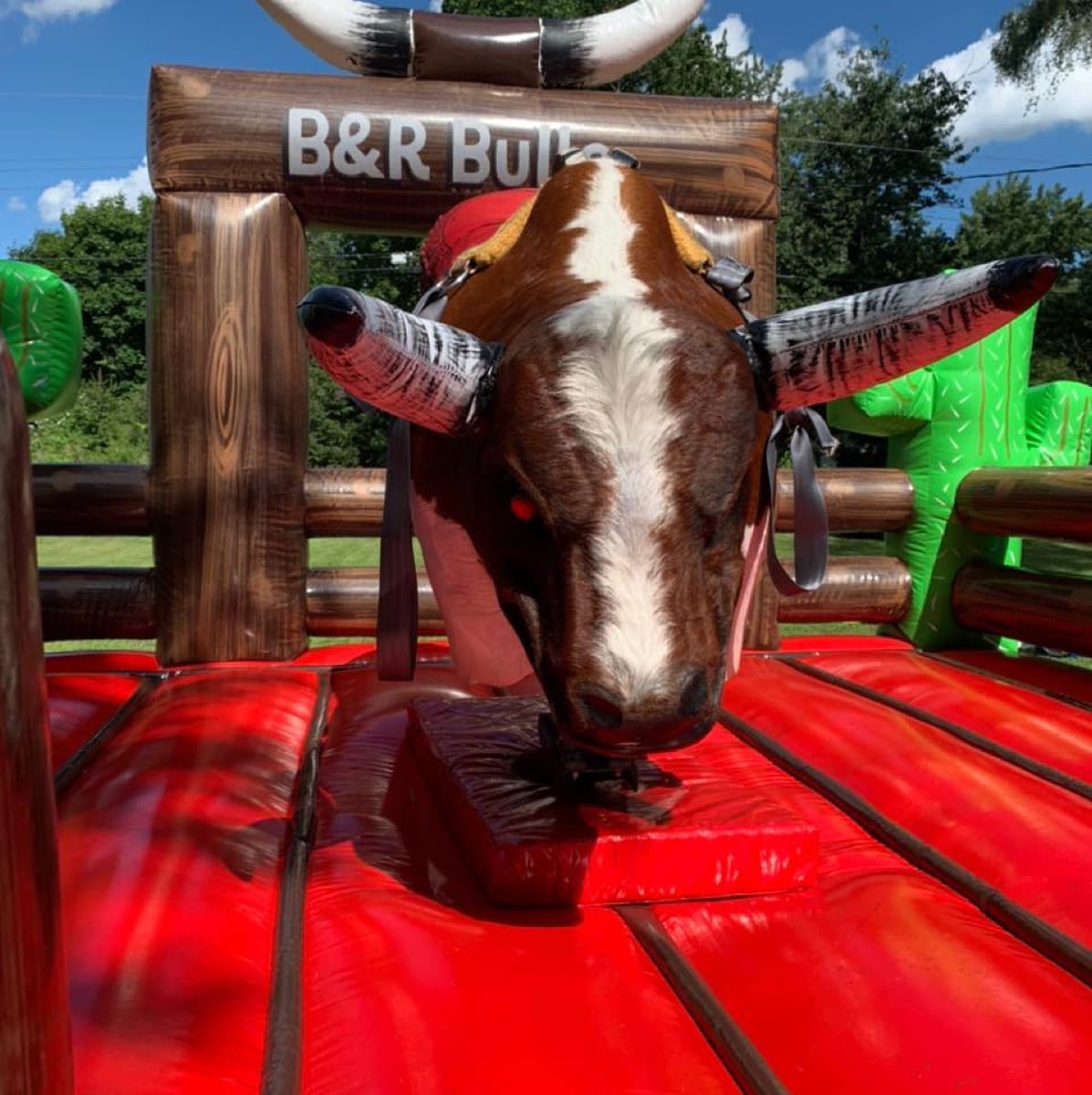 Starter package — brown and white mechanical bull head with striped horns on a red inflatable mattress